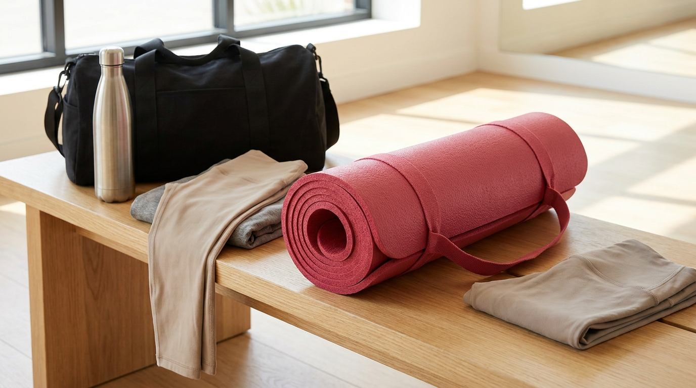 TrueSelf yoga mat rolled on a bench beside a gym bag and water bottle