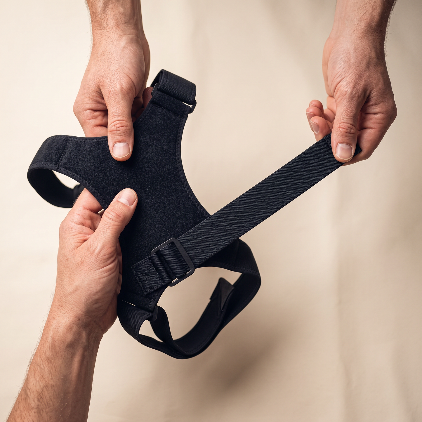 TrueSelf posture corrector held open to show the strap adjustment range