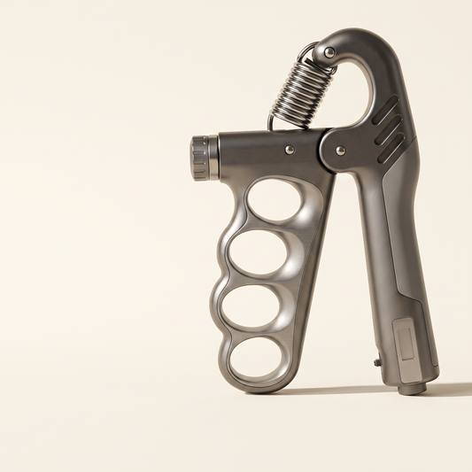 Side profile of the TrueSelf grip trainer showing the spring and pivot