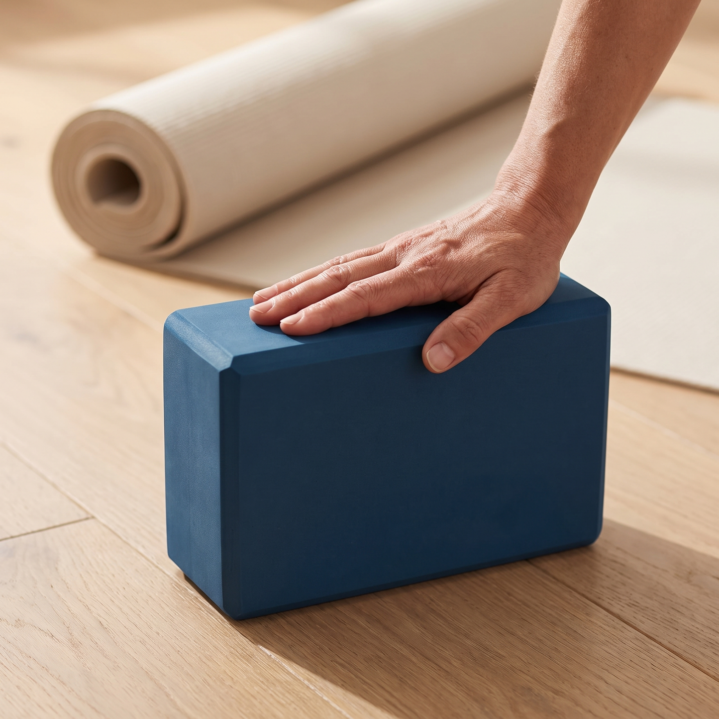 TrueSelf yoga block on a wood floor with a hand for scale beside a rolled mat