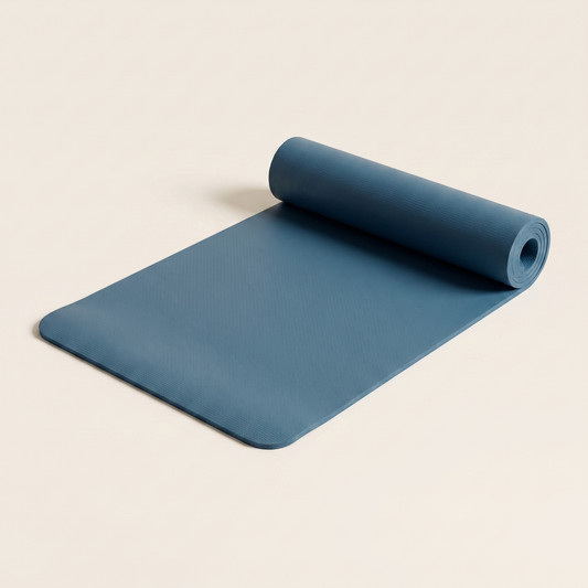 TrueSelf slate blue yoga mat half unrolled, showing its textured surface