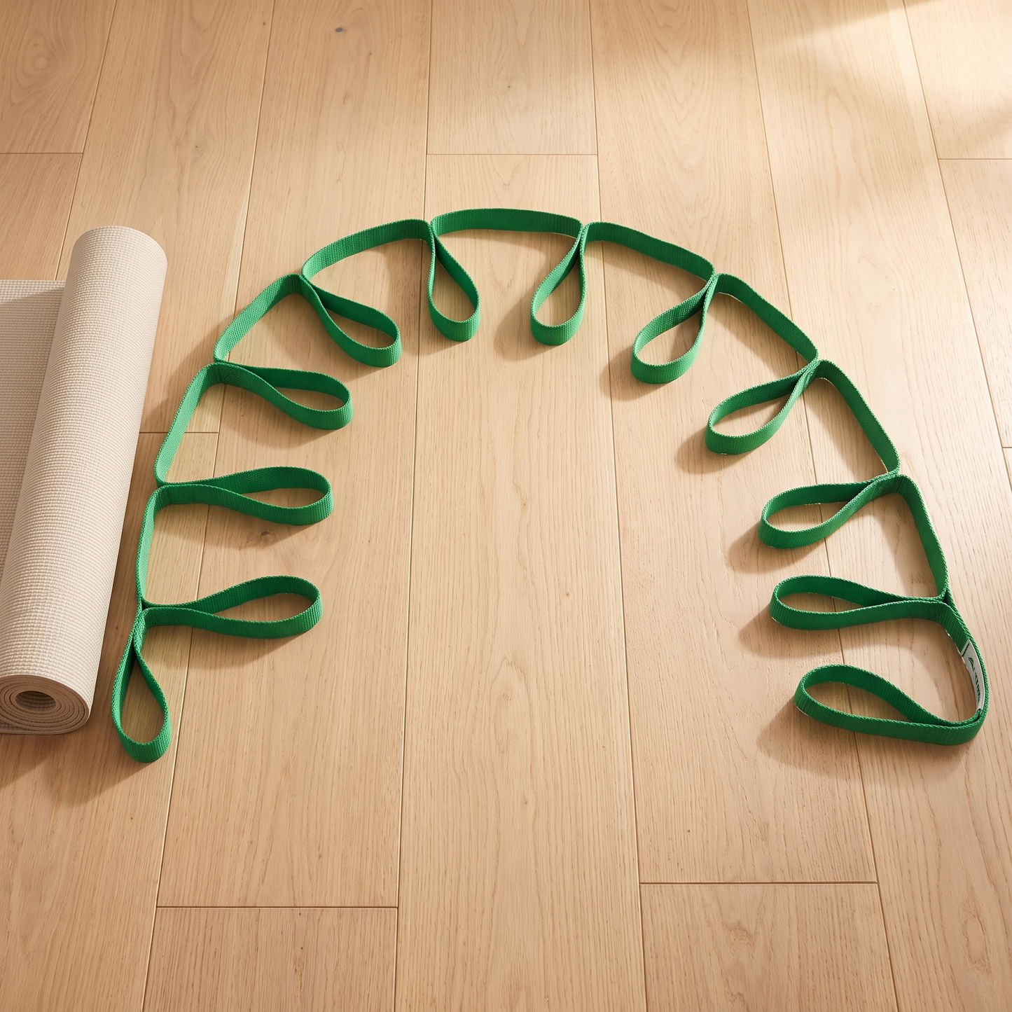 TrueSelf stretching strap at full length on a wood floor beside a rolled mat for scale