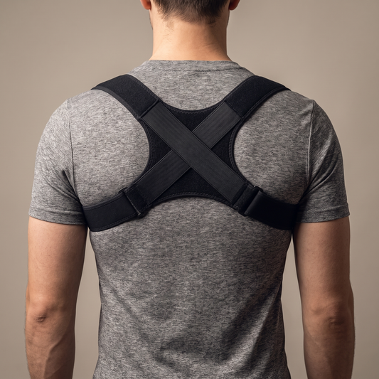 TrueSelf posture corrector worn over a t-shirt, viewed from behind