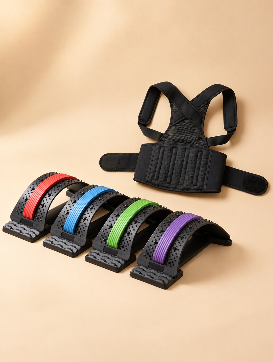 TrueSelf Desk Worker Recovery Kit — adjustable back stretcher and figure-8 posture support belt shown together