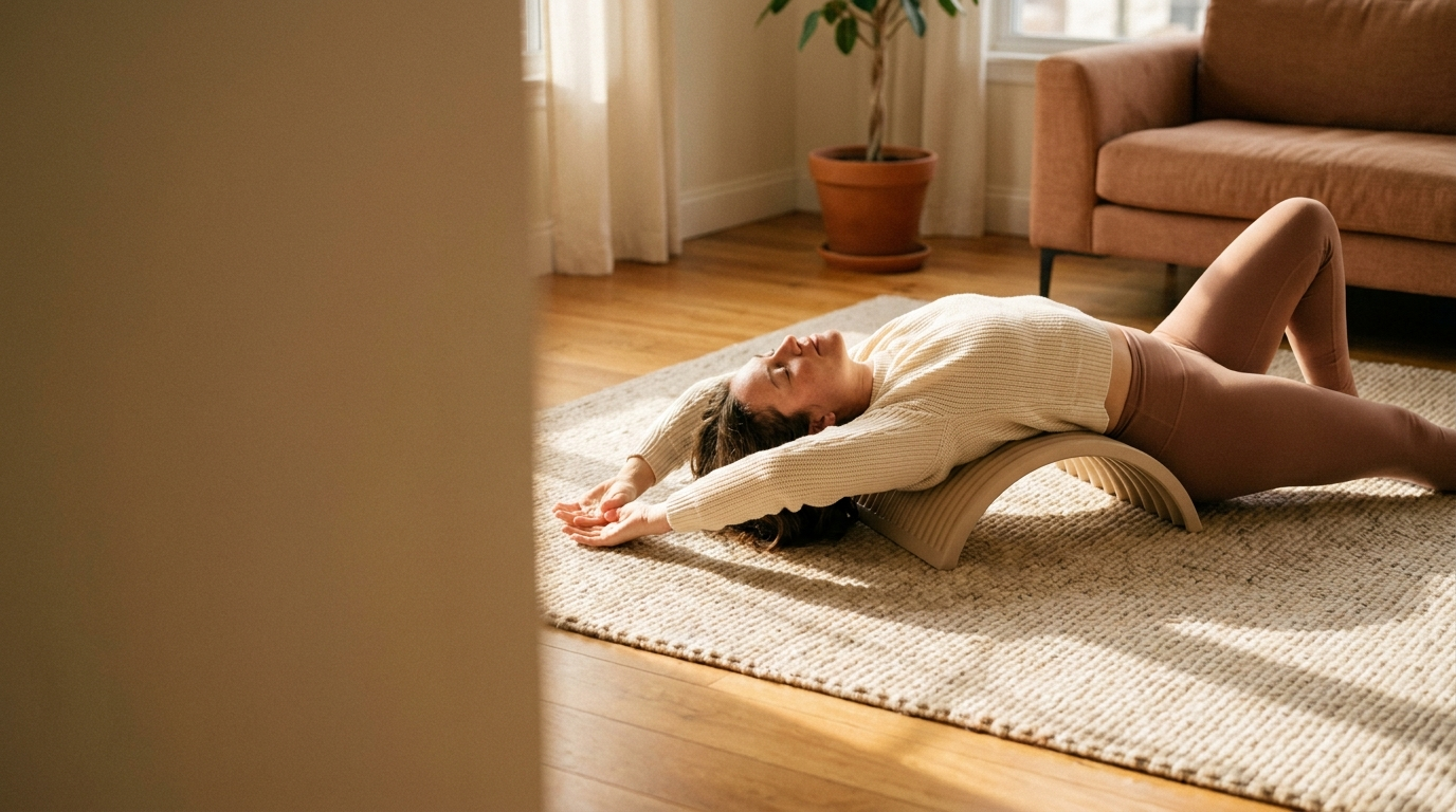 A woman lying back over a curved arched stretching board on a wool rug in a sunlit living room