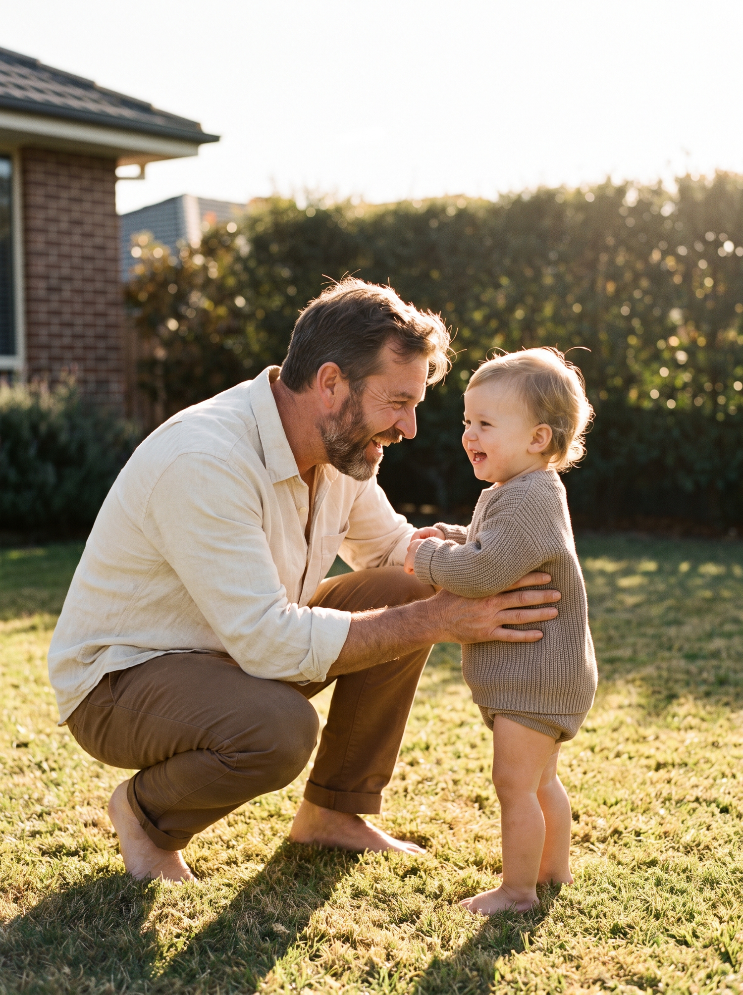 A father crouching on the grass in a sunlit garden, laughing with his toddler who stands facing him